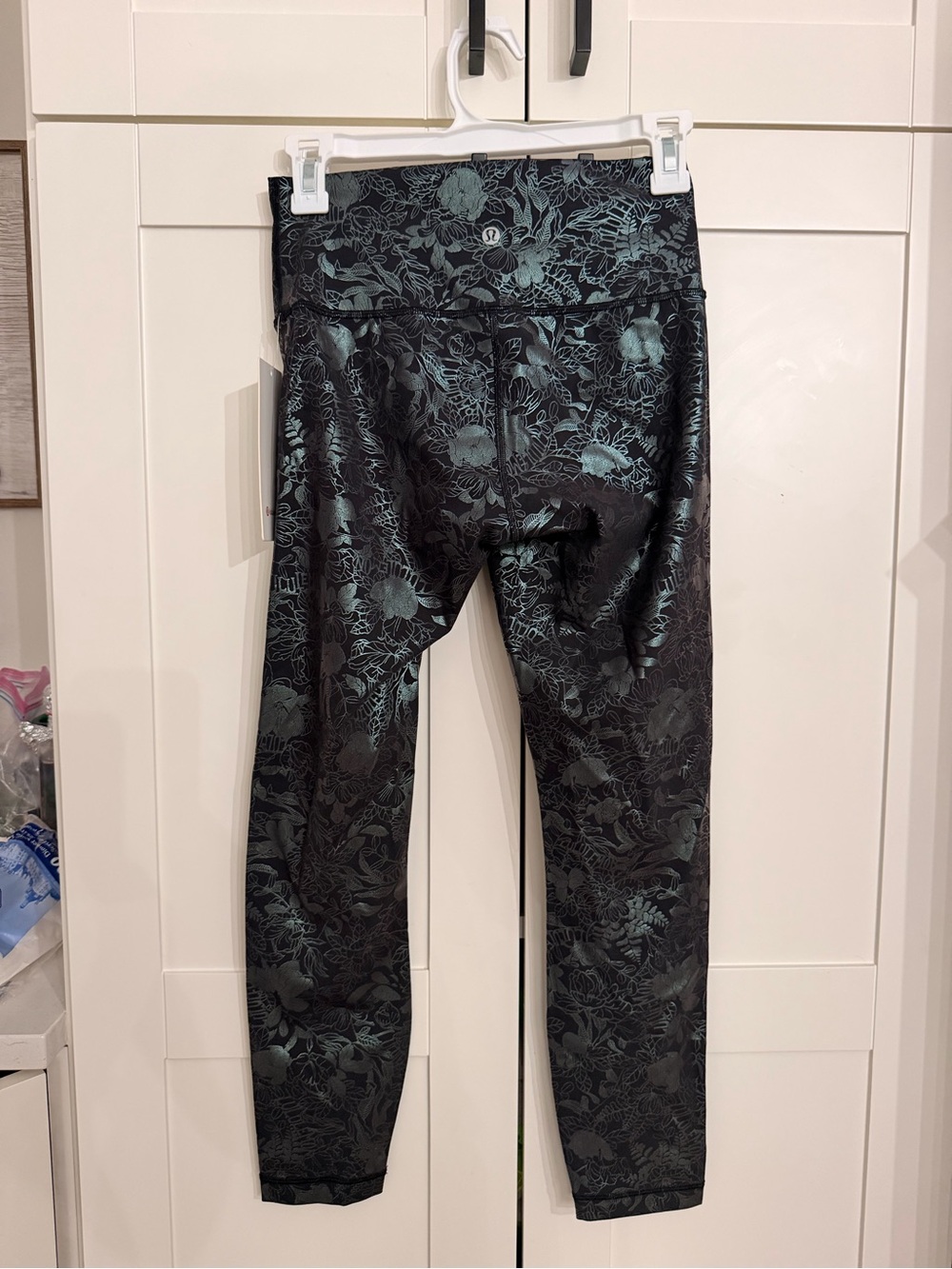lululemon Black Leggings with Metallic Teal Floral Shine